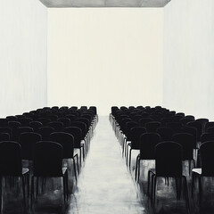 minimalist art piece featuring spacious room with rows of black chairs facing blank white wall. stark contrast creates sense of emptiness and anticipation