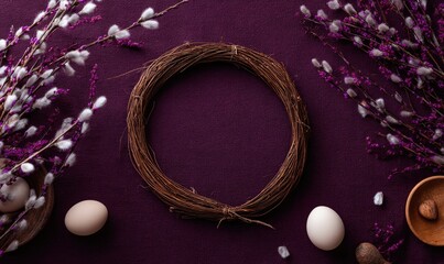 Purple Easter wreath with eggs and branches