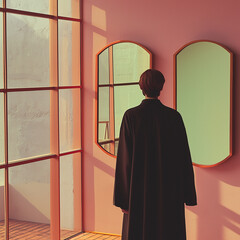 person stands in room with large windows and mirrors, bathed in soft light. warm tones create ive , enhancing sense of solitude and contemplation