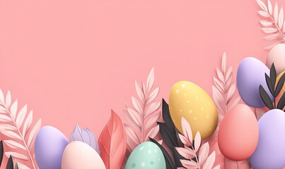 Pastel Easter eggs and foliage on a soft pink background
