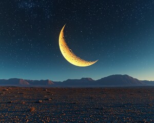 Naklejka premium Crescent moon over a desert landscape under a starry night