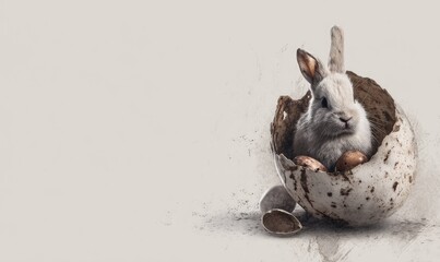 Pale grey rabbit nestled within a cracked, speckled egg shell