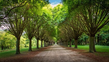 Obraz premium a lush green path framed by rows of dense trees forming a natural corridor the vibrant foliage and soft lighting create a peaceful inviting atmosphere perfect for nature themes