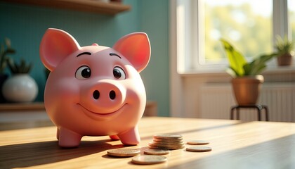 Cute Piggy Bank with Coins on a Wooden Table in Bright Room