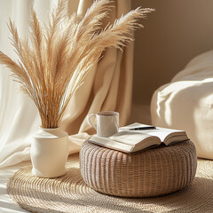 cozy interior scene featuring wicker stool, book, coffee cup, and decorative vase with dried plants. warm sunlight creates peaceful ambiance, perfect for relaxation