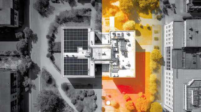 Drohneninspektion von Solarmodulen mit W&auml;rmebildkamera einer Drohne. K&uuml;nstliche Intelligenz KI