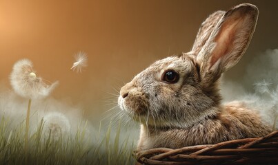 Brown rabbit in wicker basket, dandelion fluff