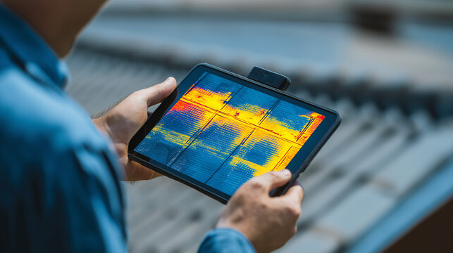 Drohneninspektion von Solarmodulen mit W&auml;rmebildkamera einer Drohne. K&uuml;nstliche Intelligenz KI