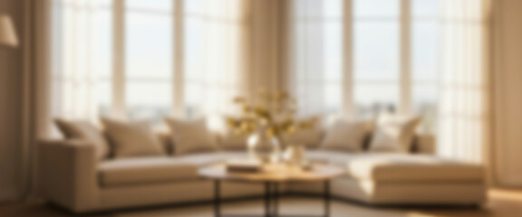 Bright living room with beige sofa pillows coffee table and large window.