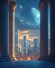 Majestic pillars frame futuristic cityscape under cosmic sky, blending ancient architecture with modern skyscrapers. stunning view evokes wonder and imagination