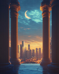 Majestic pillars frame stunning city skyline at sunset, with crescent moon illuminating scene. blend of ancient architecture and modernity creates view