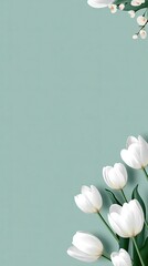 Mint-green backdrop with white tulips and blossoms