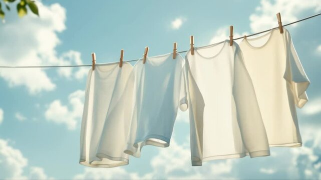 White laundry drying outdoors on a clothesline with clothespins and beautiful cloudy blue sky