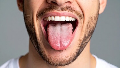 Man's mouth open showing tongue