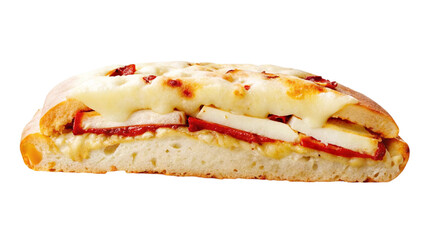A mouthwatering sandwich with cheese, red peppers, and fresh ingredients, ready to be enjoyed.