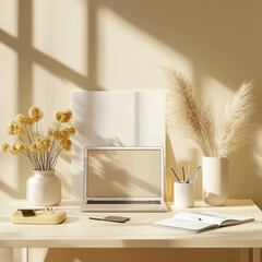 modern workspace featuring laptop, notebooks, and decorative plants in neutral tones. warm sunlight creates cozy , enhancing productivity and creativity