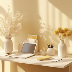 bright and modern workspace featuring laptop, stationery, and decorative flowers in neutral tones. warm colors create cozy and productive