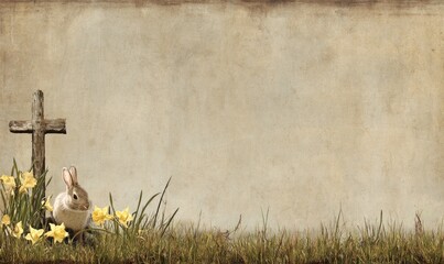 Aged paper background, cross, Easter bunny, flowers