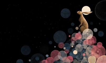 A hare stands atop a hill of glowing orbs against a dark night sky, a large moon above