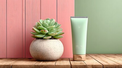 A succulent plant and a cosmetic tube sit on a wooden table against a pink and green background