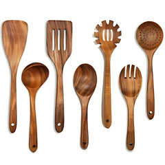 A set of wooden kitchen utensils, including a spatula, ladle, slotted spoon, slotted turner, and spoon. The utensils are various shapes and sizes, all with light brown wooden handles and different sc