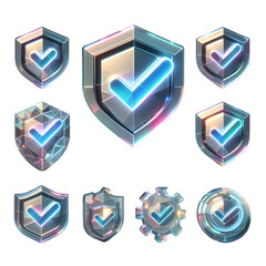 3D Holographic Glass Shield Icons with Check Mark – Multi-Angle Security Symbol