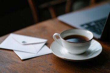 A close-up of a cup of tea, two envelopes, and a laptop on a wooden table