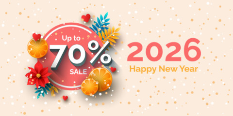 Up to 70 percent sale banner template design. Vector Happy New Year 2026 holiday discount illustration