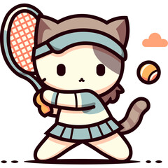 cat lady wearing half cap playing tennis flat color block editable vector illustration with perfect color separation