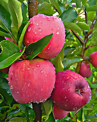  Fresh Dew-Kissed Red Apples on Treelite