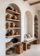 Wooden shelves with terracotta and black pottery,  archways in a light-colored room