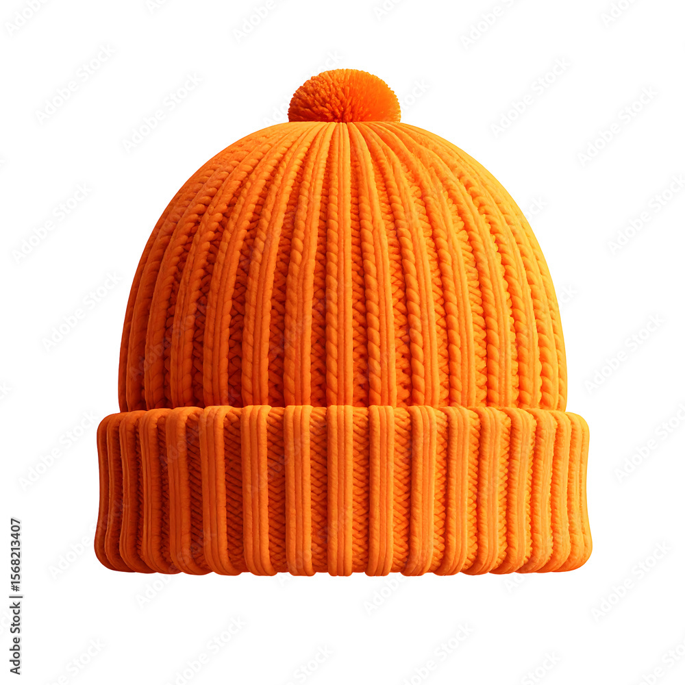 Poster isolated light orange knit ski hat with rounded puff in 3d rendering on transparent background