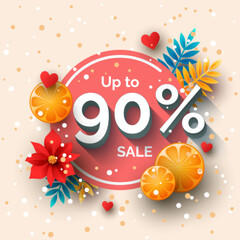 Up to 90 percent sale banner template design. Vector holiday discount illustration