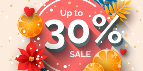Up to 30 percent sale banner template design. Vector holiday discount illustration