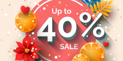 Up to 40 percent sale banner template design. Vector holiday discount illustration
