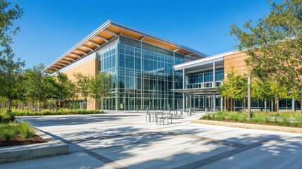 Modern building complex with large glass facade and paved courtyard
