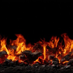 Fiery flames lick at dark embers, a horizontal band of orange and red against a black backdrop