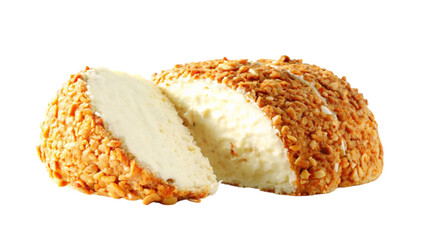 A delectable dessert, featuring a creamy center and a crunchy peanut crust, is shown sliced.