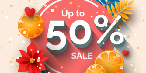 Up to 50 percent sale banner template design. Vector holiday discount illustration