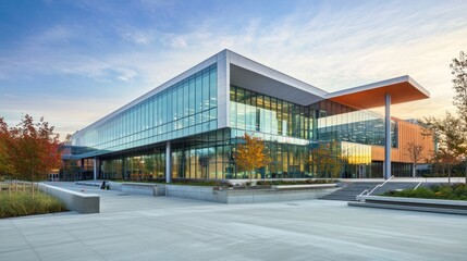 Modern glass-fronted building at dawn. Landscaping surrounds
