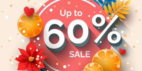 Up to 60 percent sale banner template design. Vector holiday discount illustration
