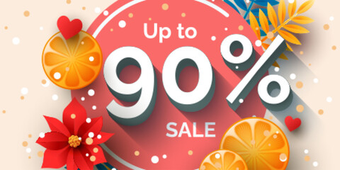 Up to 90 percent sale banner template design. Vector holiday discount illustration