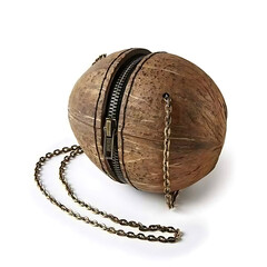 The image is simple, elegant, and focuses on the unique form and material of the bag. The style is minimalist and modern, showcasing the natural beauty of the coconut. The overall mood is relaxed 