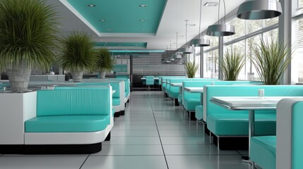 Empty modern teal diner interior booth seating plants large windows