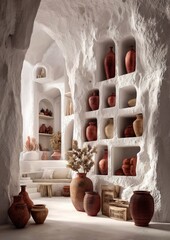 Cave dwelling, adorned with terracotta pottery. Sunlight streams into a  white cave-like interior