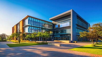 Modern office complex bathed in sunlight. Lush landscaping surrounds a modern, multi-story building with glass and metal facades