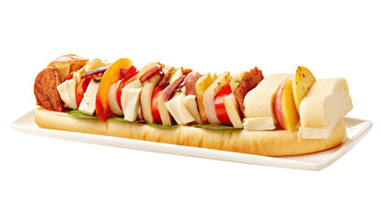 Delicious gourmet sandwich with various ingredients on a white plate.