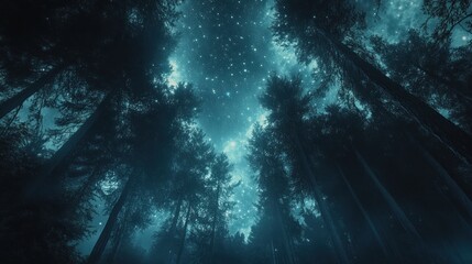 Mystical forest at night, looking up.  Dark trees, teal light, starry sky