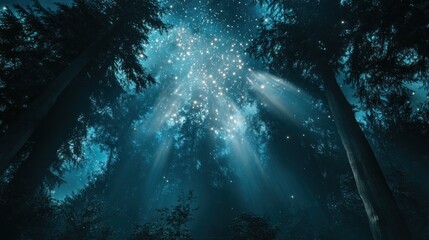 Mystical forest at night, glowing light from above