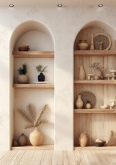 Beige, wooden shelves with arched alcoves, natural light
